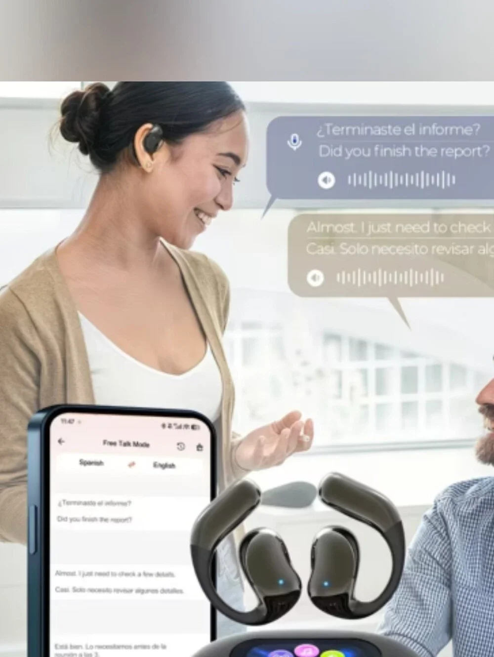 AI Translation Wireless Earbuds w/ Touchscreen Case – Real-Time Translator Bluet
